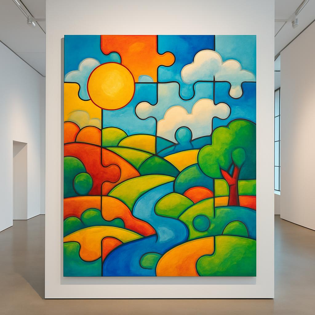 Landscape portrait painting of sun, clouds, fields, hills, and trees created with puzzle pieces; rendered in a kid-friendl...