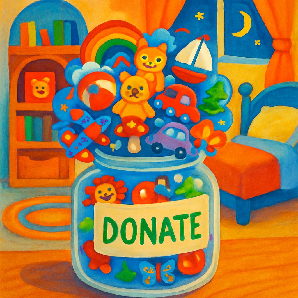A colorful bedroom scene with a large jar filled with toys and a label that reads "DONATE" in green letters.